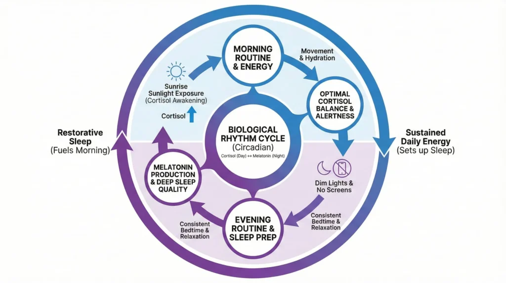 Diagram showing how evening habits affect morning energy through circadian rhythm and cortisol-melatonin balance