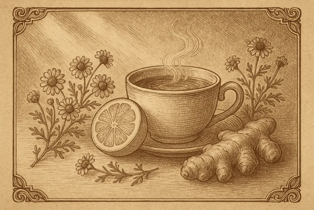 Old-world botanical illustration of a gentle morning ritual with herbal tea, chamomile and ginger.