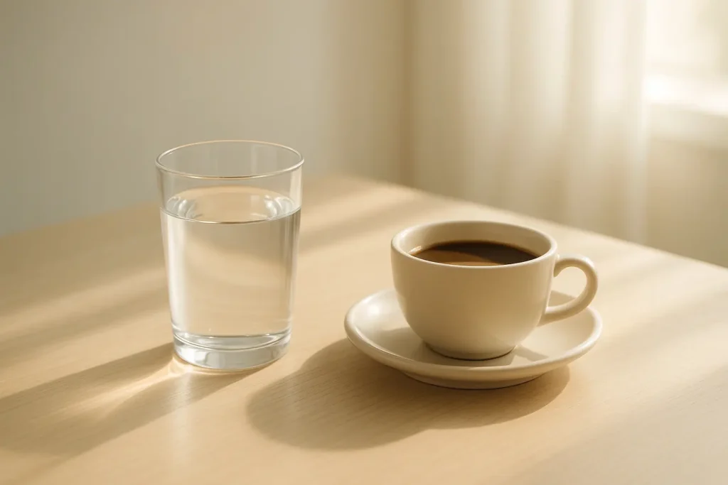 Glass of water before coffee to support mental clarity and hydration.