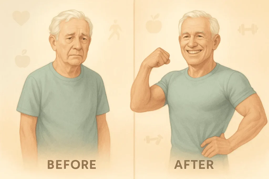 Transformation-style illustration showing increased muscle tone and energy in adults over 50.