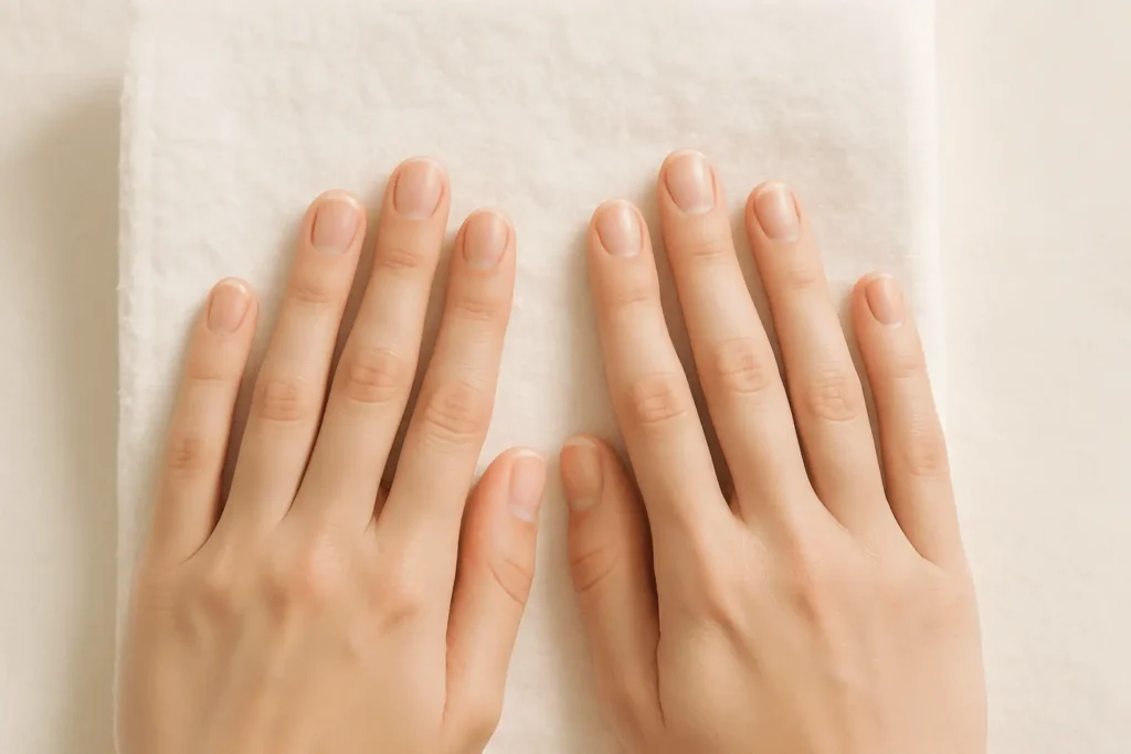 Minimal wellness-style photo showing clean, healthy natural nails resting on soft linen.