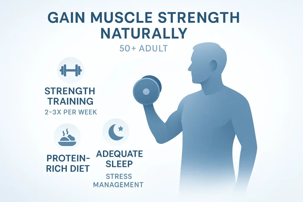 Infographic showing natural ways adults over 50 can regain muscle strength with gentle, science-backed habits.