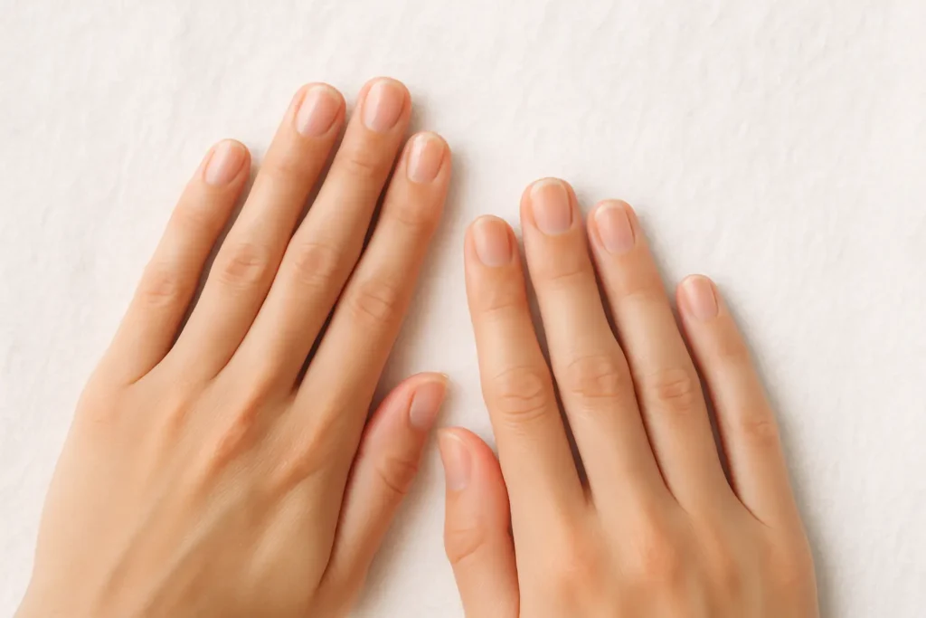 Natural unpolished nails resting on a towel to allow them to breathe.
