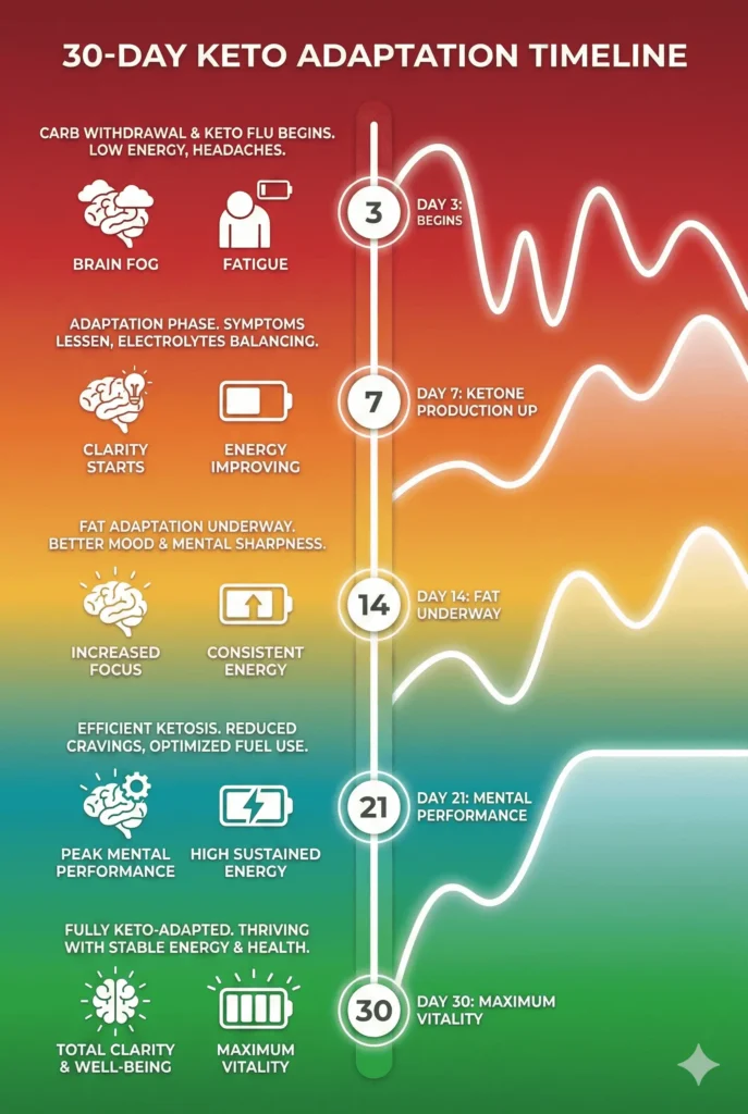 30-day keto adaptation timeline showing symptoms energy levels and mitochondrial changes from keto flu to full fat adaptation with daily breakdown