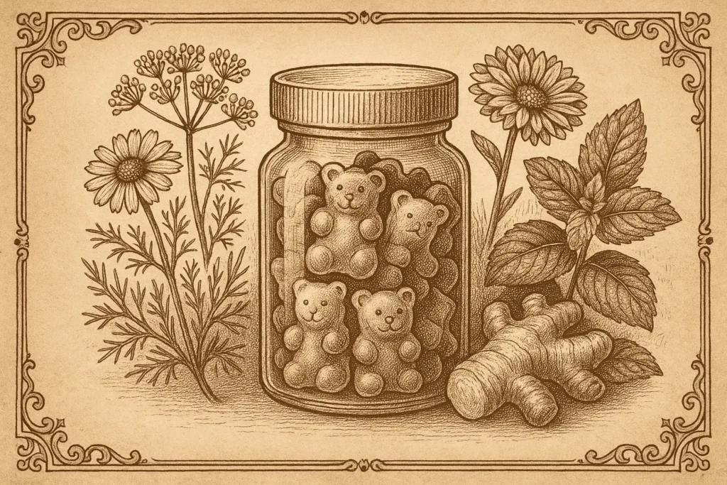 Vintage apothecary engraving of a probiotic gummy jar with chamomile, fennel and mint on sepia parchment.