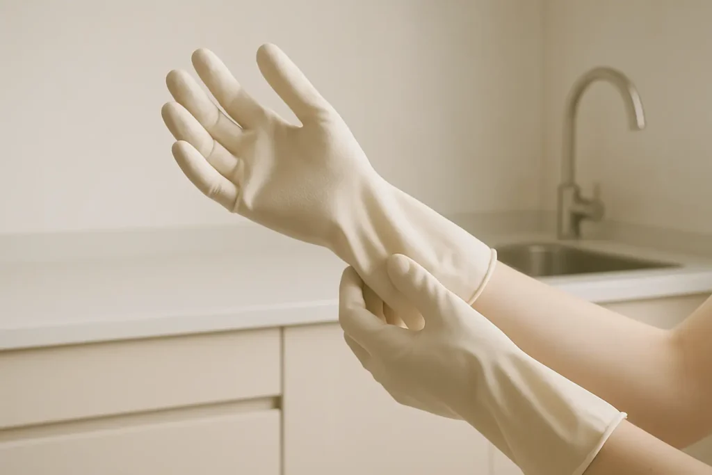 Hands wearing protective gloves to prevent nail dryness from cleaning chemicals.
