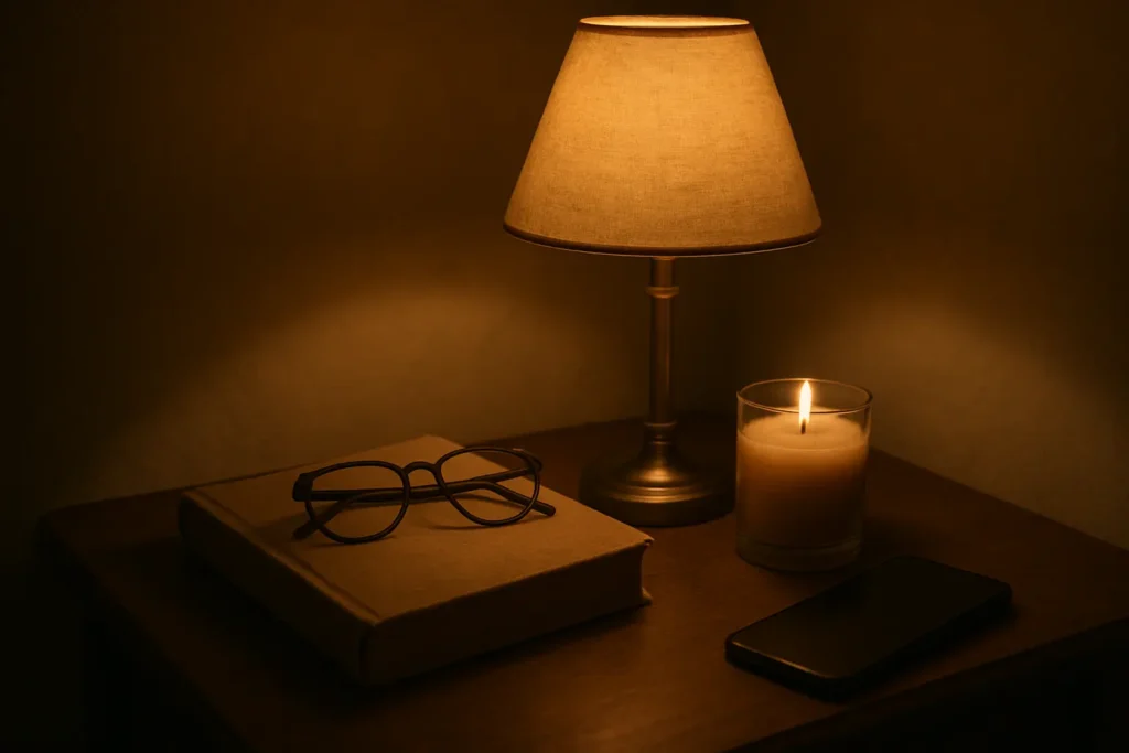 Phone face down, book and candle creating screen-free evening peace.