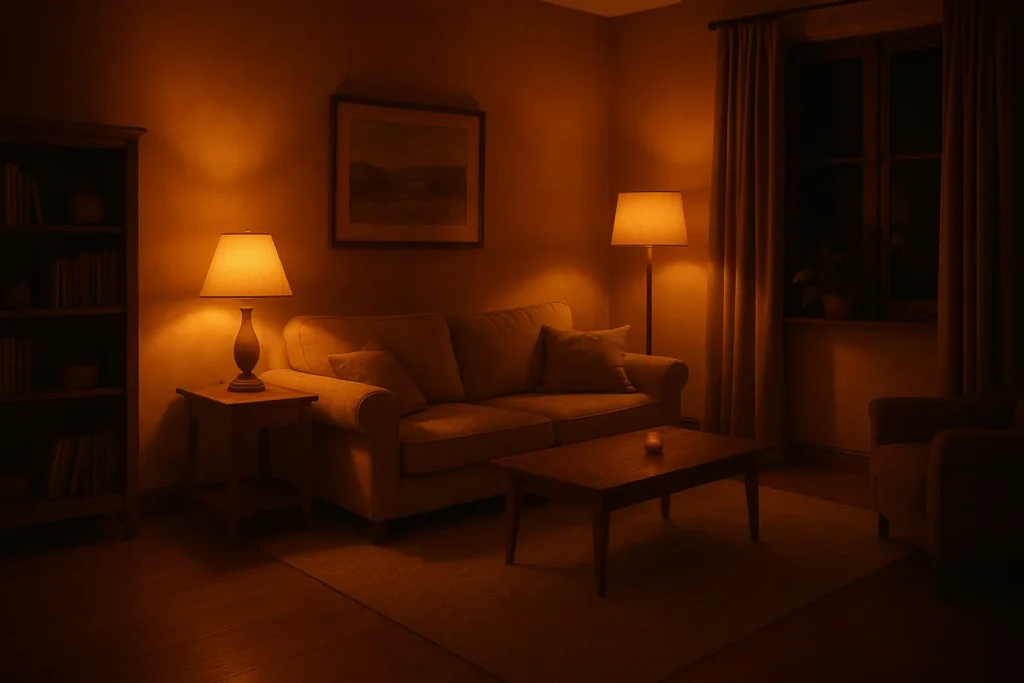 Warm dim evening lighting supporting circadian rhythm for mental clarity.