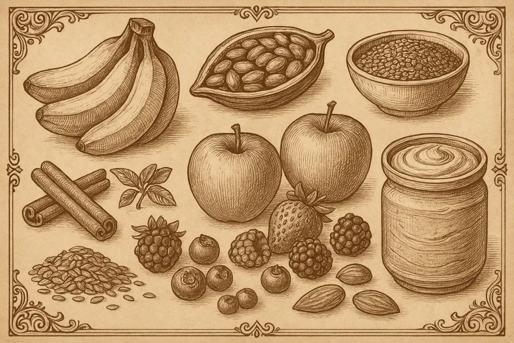 Vintage botanical illustration of vegan dessert ingredients including bananas, cocoa, chia seeds, coconut yogurt, berries, and cinnamon.