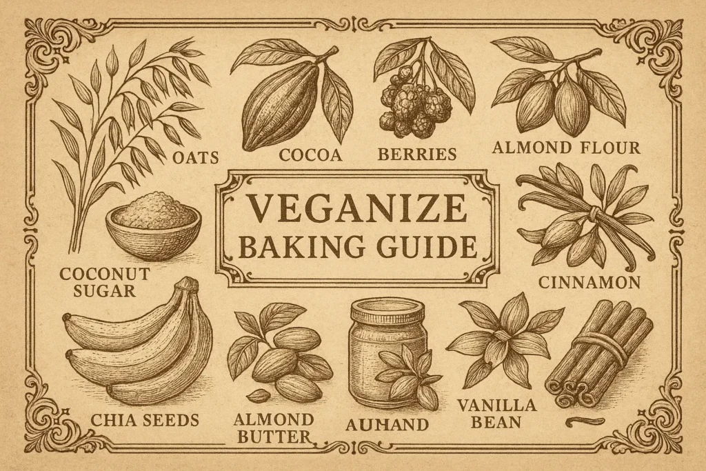 Vintage botanical illustration of the Veganize Baking Guide with plant-based dessert ingredients like oats, cocoa, almond flour, berries, bananas, and cinnamon.