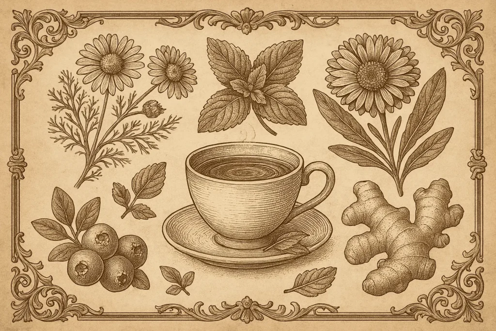 Vintage botanical collage of chamomile, ginger, lemon balm and herbal tea on sepia parchment symbolizing gut–skin wellness.