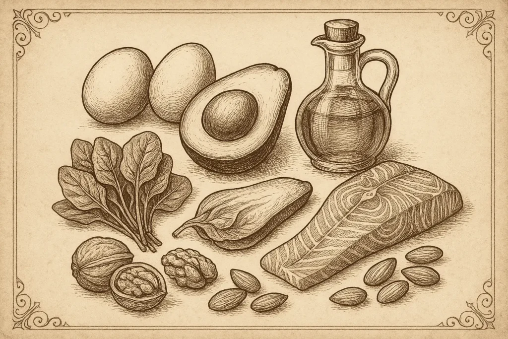 Vintage apothecary drawing of keto breakfast ingredients including eggs, avocado, spinach, salmon and nuts