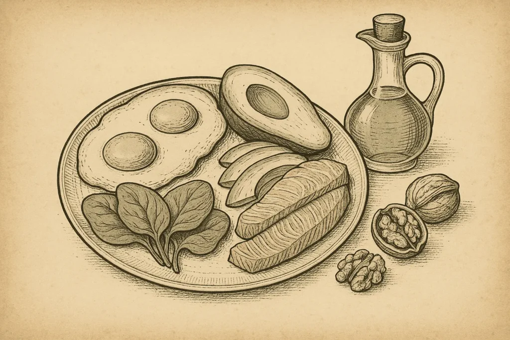 Vintage keto breakfast plate illustration with eggs, avocado, salmon and spinach.