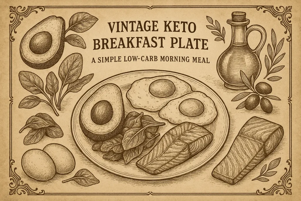 Vintage keto breakfast plate illustration with avocado, eggs, spinach and herbs on aged parchment background