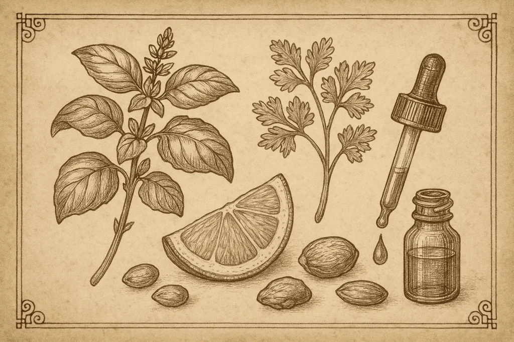 Herbal apothecary sketch of basil, parsley, lemon and nuts for keto breakfast enhancement