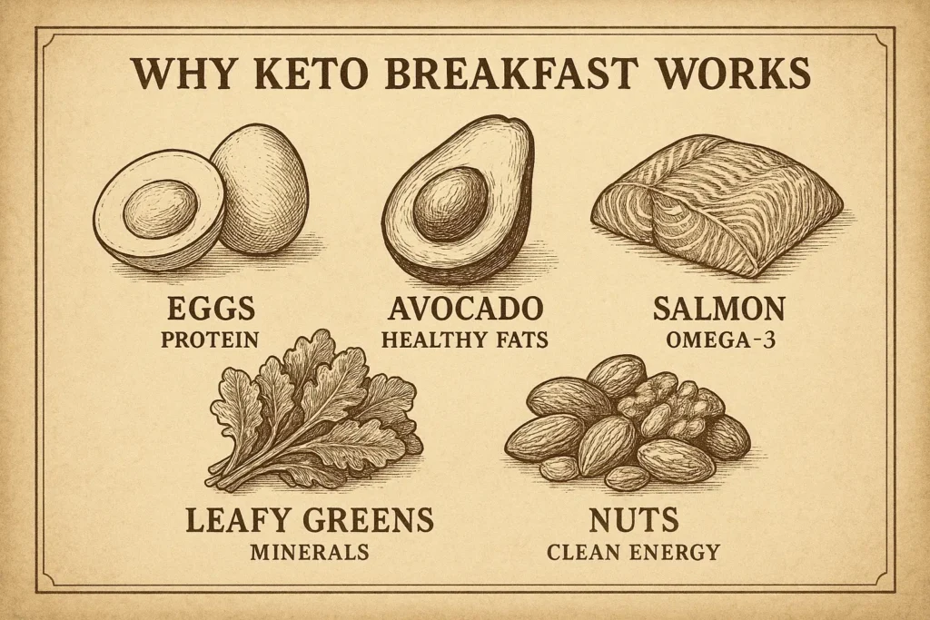 Apothecary style diagram showing eggs, avocado, salmon, greens and nuts with simple keto benefits