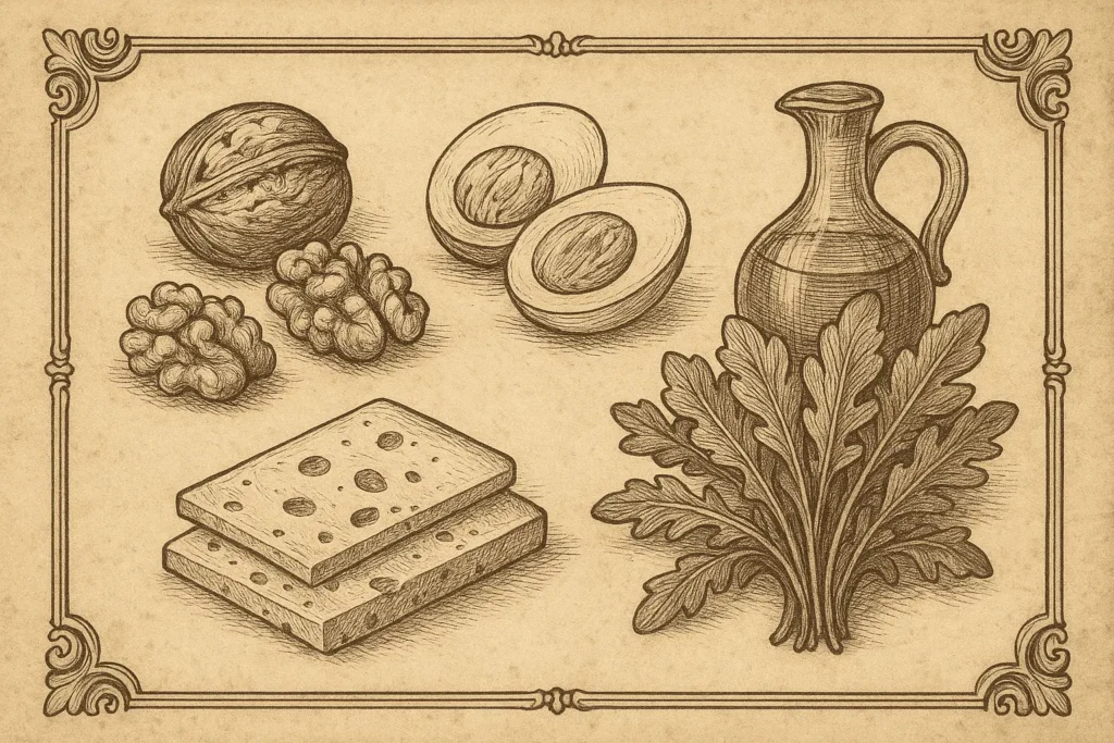 Botanical engraving of simple keto snacks such as nuts, eggs, greens and cheese.