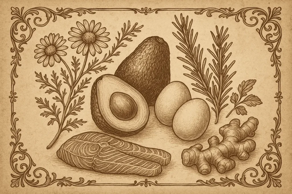 Vintage botanical engraving of keto foods and herbs on sepia parchment.