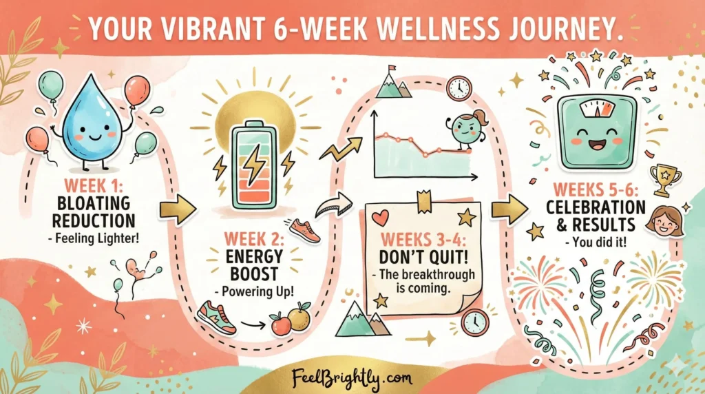 Illustrated six-week timeline showing typical milestones like reduced bloating, improved sleep, and gradual body changes