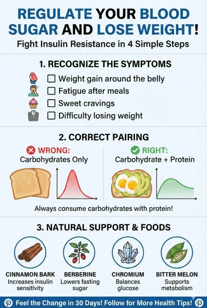 Master Your Blood Sugar: 4 Steps to Weight Loss & Energy!". Step 1 lists symptoms: Belly Fat, Fatigue, Cravings, Stuck Weight. Step 2 illustrates "Eat Smart (Pair Carbs!)" showing plain toast causing a blood sugar spike versus toast with eggs and avocado leading to stable levels. Step 3 shows "Use Natural Boosters" with icons for Cinnamon Bark, Berberine, Chromium, and Bitter Melon and their benefits for glucose metabolism. Footer reads "Pin for Later! Start Your Journey Today!