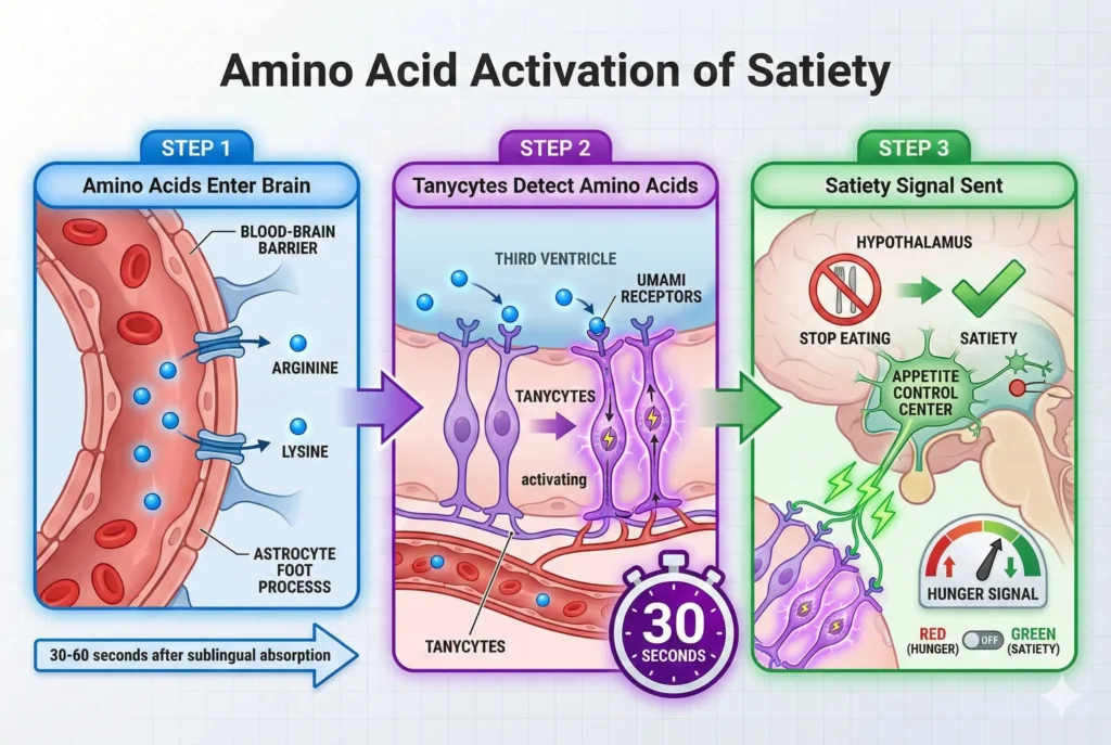 diagram showing how amino acids arginine and lysine activate tanycytes to signal fullness in 30 seconds