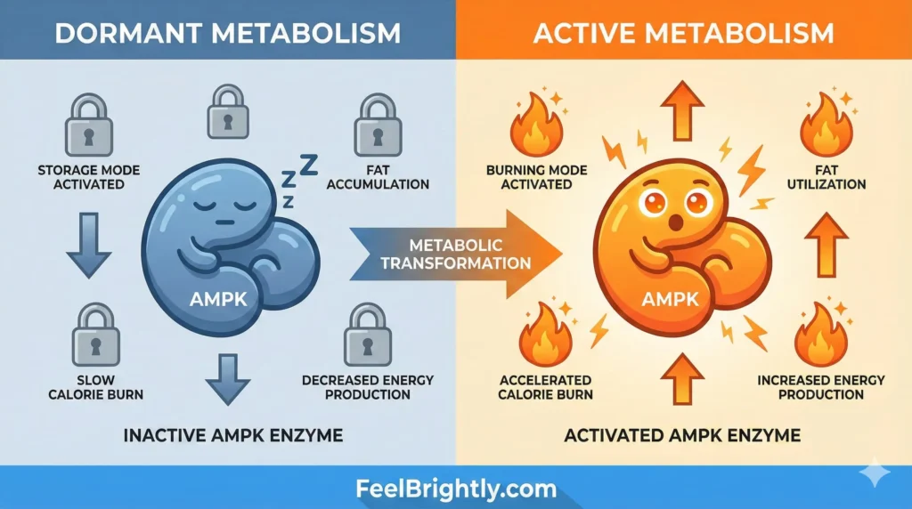 Side-by-side comparison of low versus supported AMPK signaling, illustrating a shift from fat storage mode to fat-burning support with steadier energy