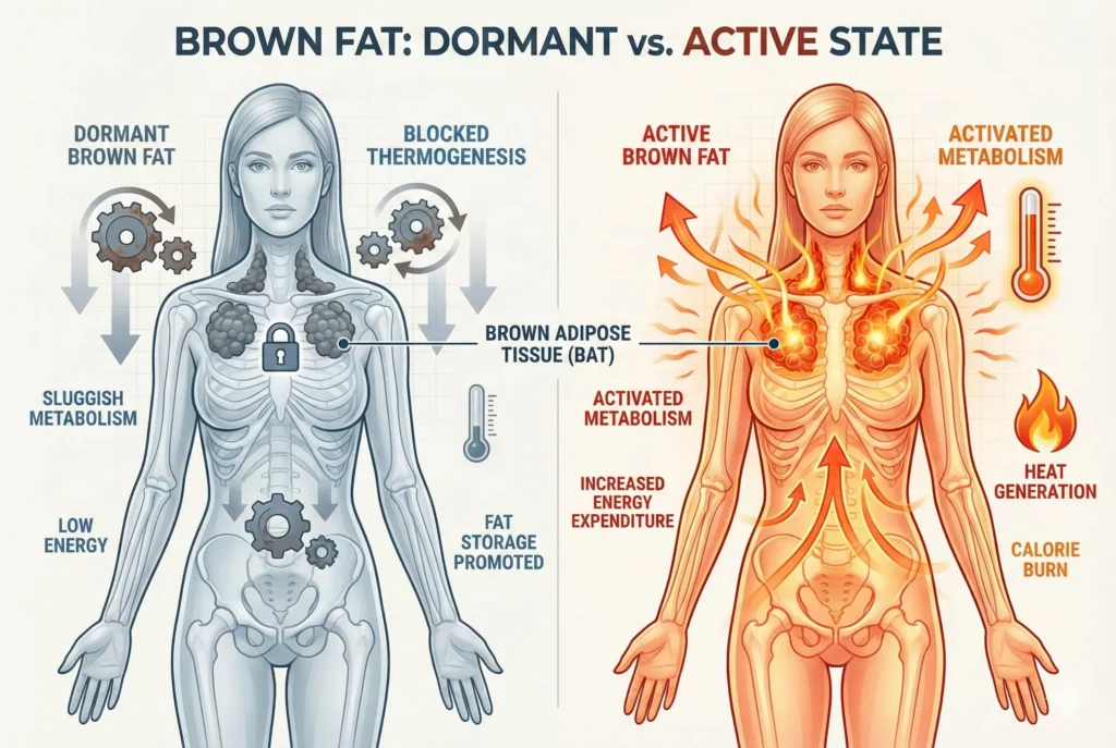 before and after showing woman with dormant brown fat versus activated brown fat after aquaburn supplementation