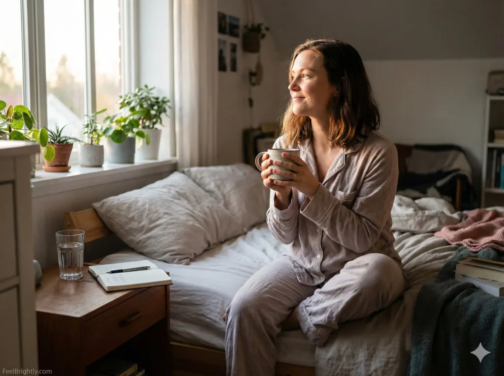 Morning ritual scene: drinking tea near a window in sunrise light