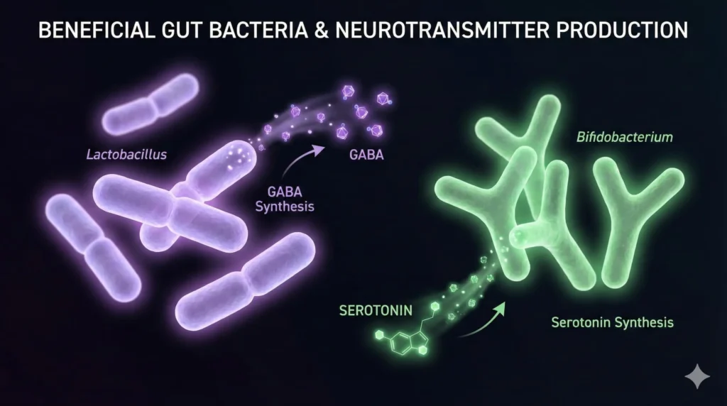 beneficial bacteria species lactobacillus bifidobacterium producing GABA and serotonin in gut microbiome