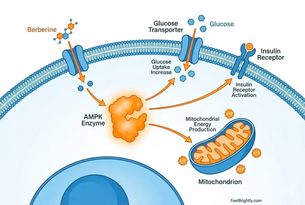 diagram showing how berberine activates AMPK enzyme to improve glucose metabolism and insulin sensitivity