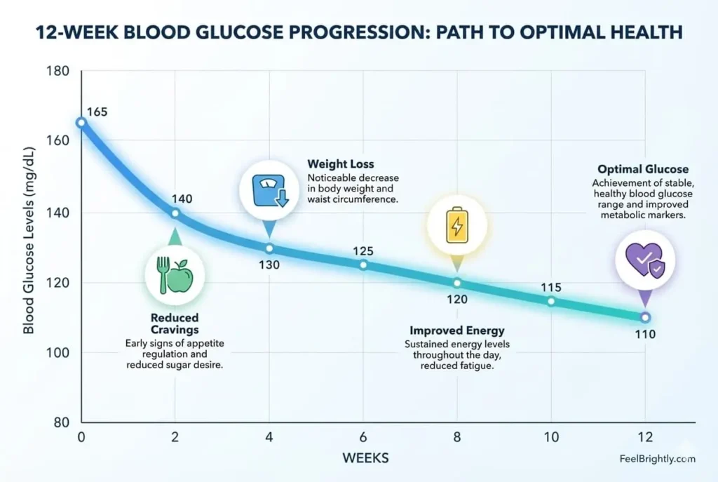 12 week timeline showing berberine reducing blood sugar levels from week 1 to week 12 progression