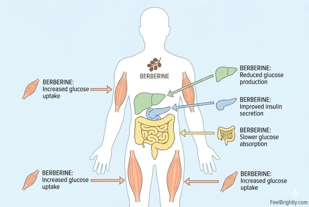 diagram showing berberine reducing blood glucose through liver kidney pancreas and intestinal pathways