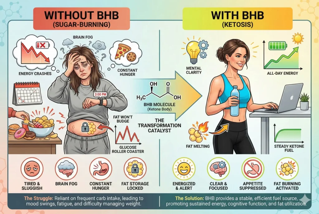 comparison showing woman with benefits of BHB ketones including energy focus appetite control and fat burning versus without BHB
