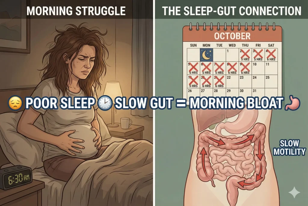 woman waking up bloated due to poor sleep affecting gut motility