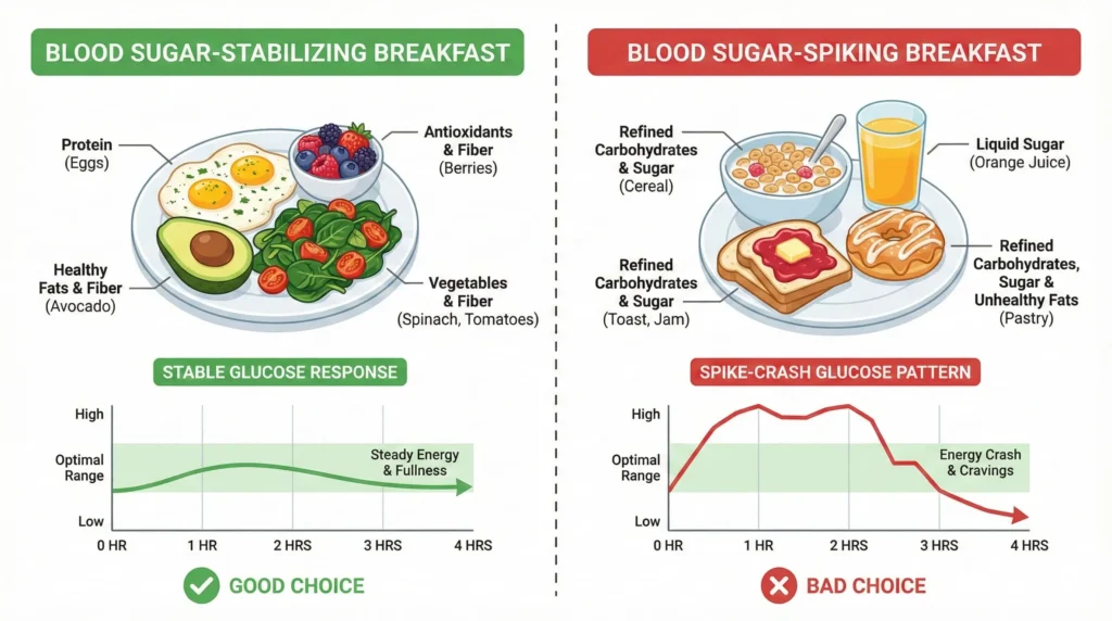 Comparison infographic showing blood sugar-stabilizing breakfast with protein versus blood sugar-spiking breakfast with carbs and their glucose response curves