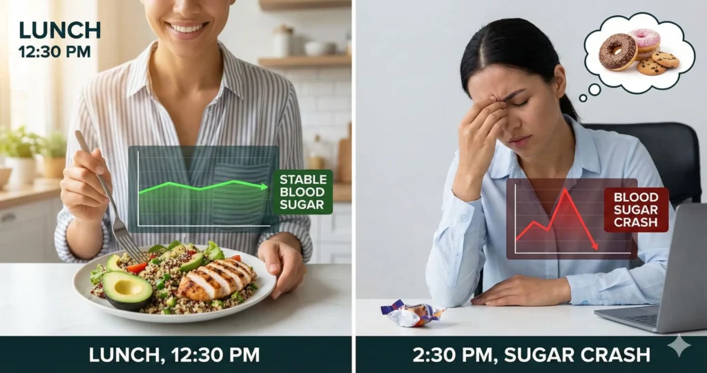 Person experiencing sugar cravings after meal with blood sugar spike visualization and healthy food vs sugary snacks comparison