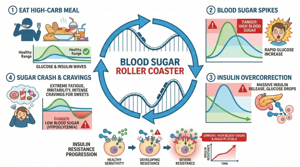 Diagram showing blood sugar spike and crash cycle with insulin resistance development and sugar cravings pattern