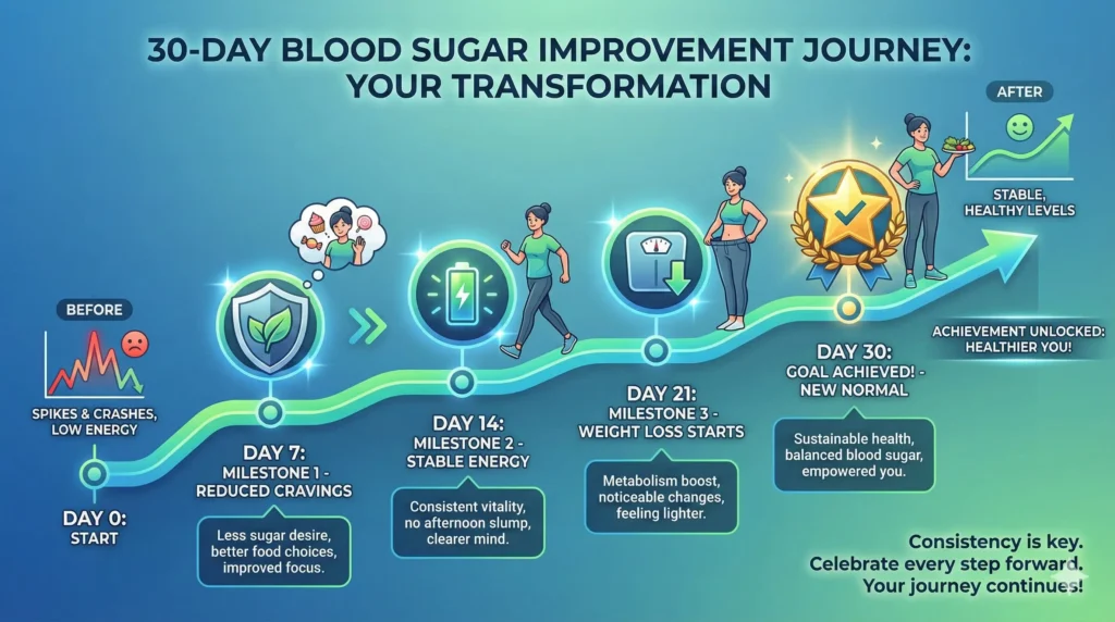 Timeline chart showing 30-day blood sugar stabilization results including reduced cravings, stable energy, and weight loss progression