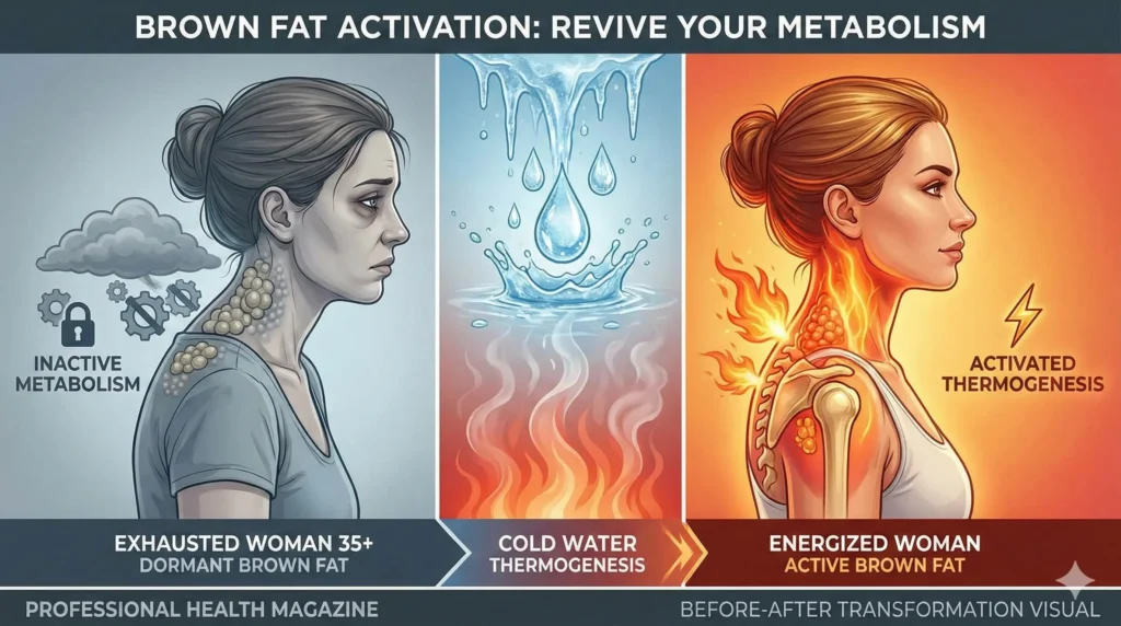 before and after comparison showing dormant brown fat causing weight gain versus activated brown fat with cold water therapy for natural weight loss after age 35