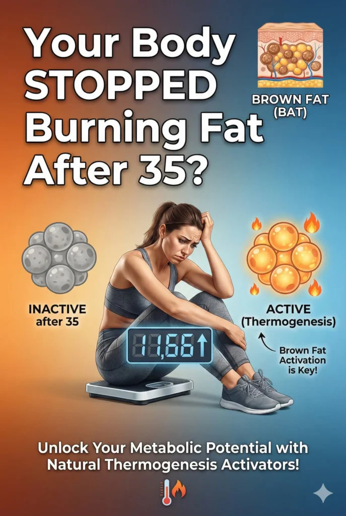 pinterest pin showing why metabolism stops after 35 due to brown fat shutdown with solution for weight loss