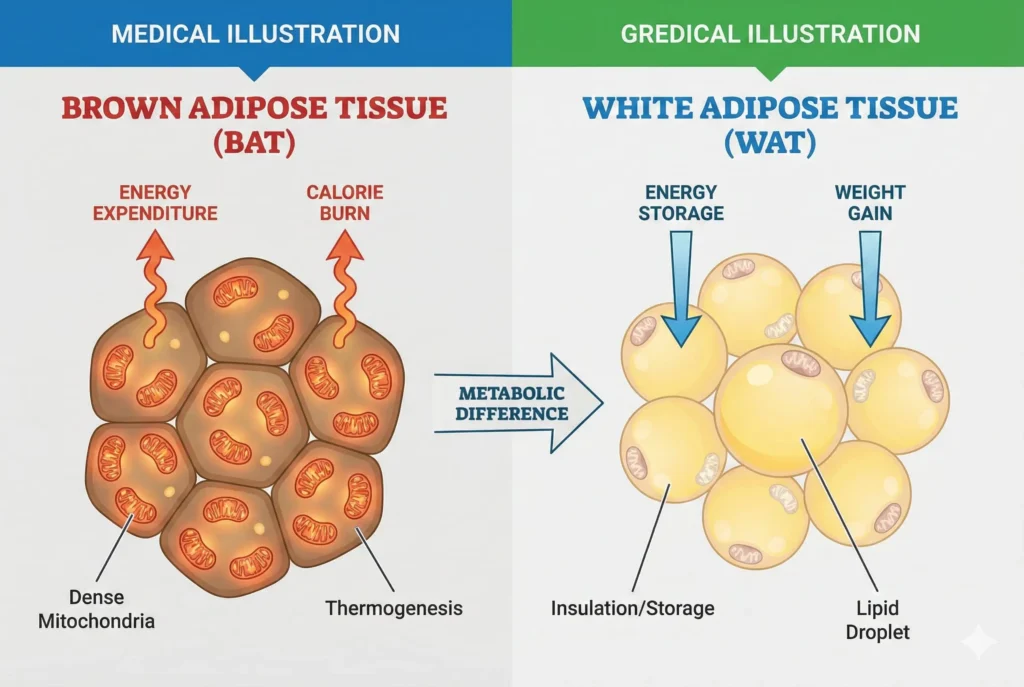 diagram comparing active brown fat burning calories versus dormant brown fat causing weight gain after age 35