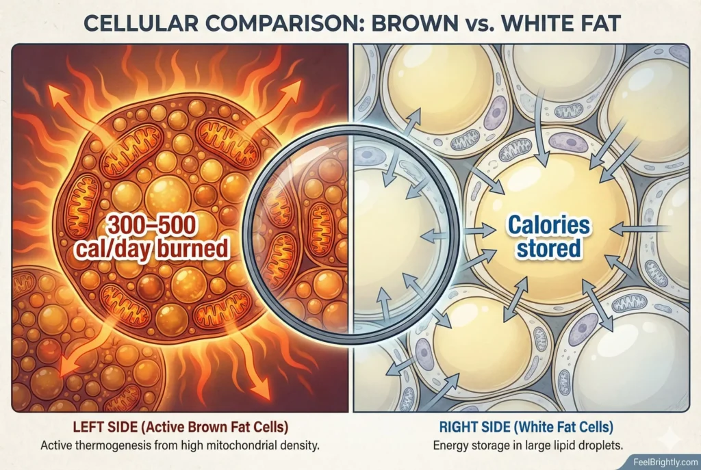 comparison diagram showing active brown fat burning calories versus dormant brown fat and white fat storage