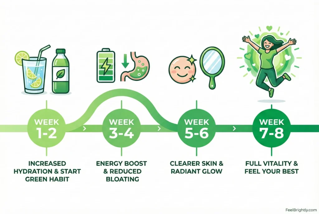 8 week timeline showing chlorophyll detox results from toxin buildup to clear skin and high energy