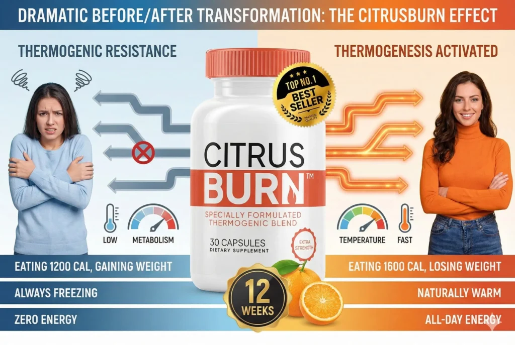before and after showing woman with blocked thermogenesis versus activated thermogenesis after citrusburn