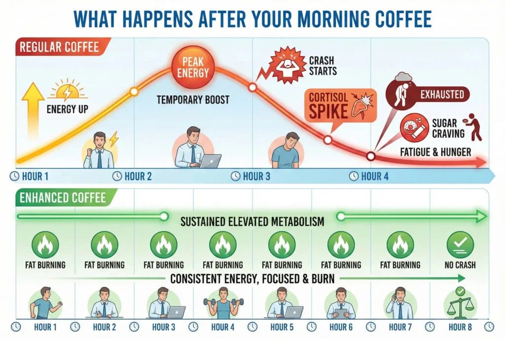 timeline showing how regular coffee affects metabolism versus enhanced coffee