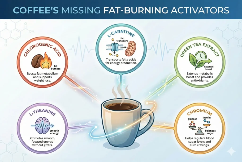 infographic showing ingredients that boost coffee metabolism for fat burning