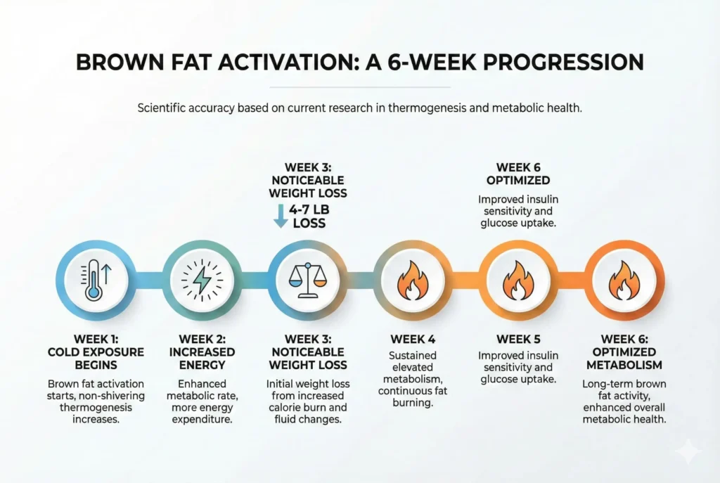 6 week timeline showing cold water exposure activating brown fat for weight loss and metabolism boost