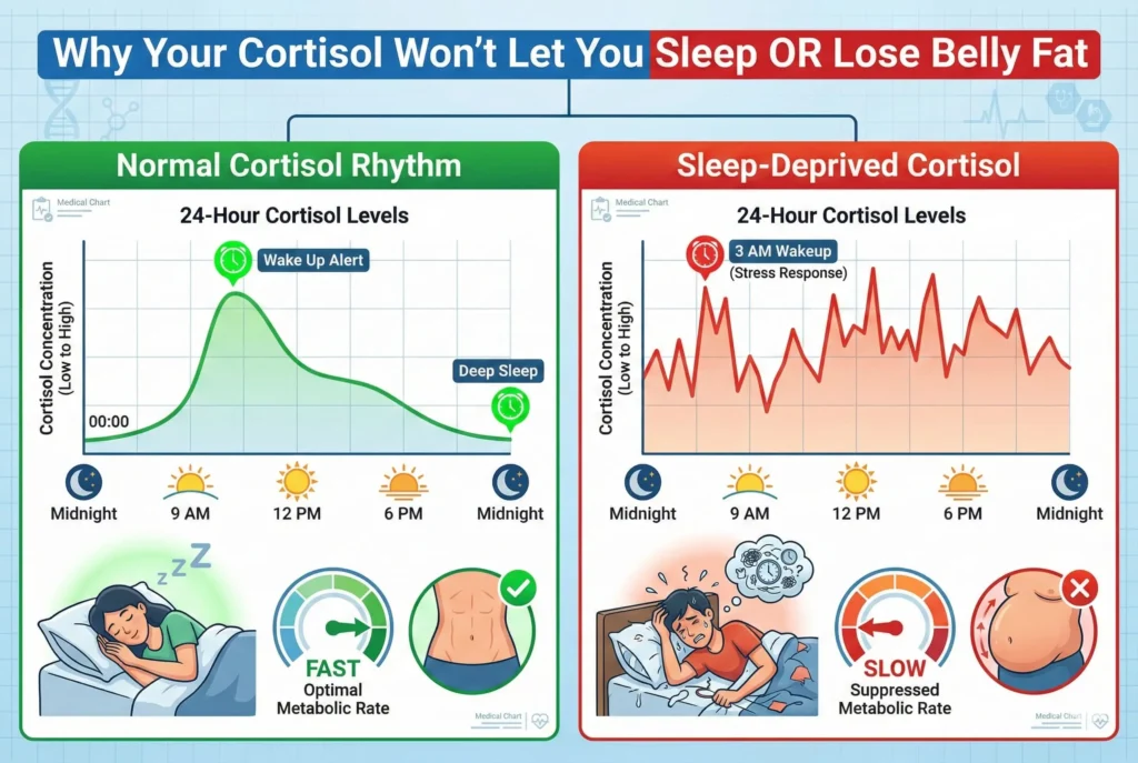 comparison showing normal cortisol rhythm versus disrupted cortisol from poor sleep causing belly fat