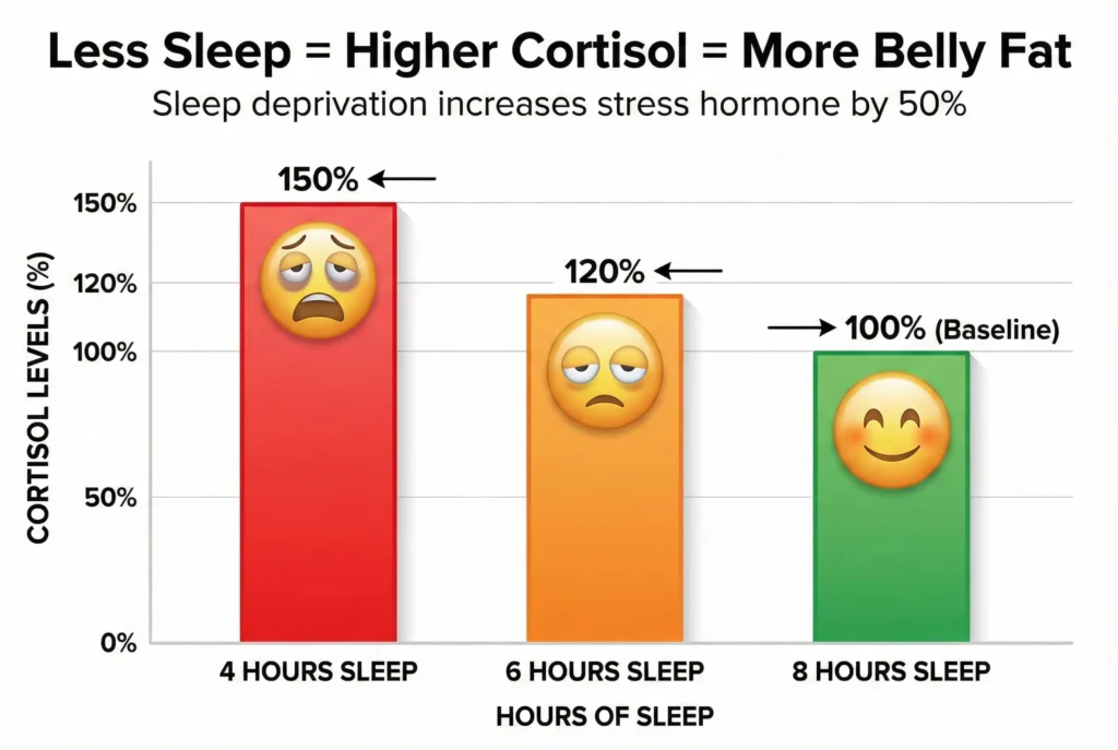 chart showing how sleep deprivation increases cortisol levels causing belly fat and weight gain