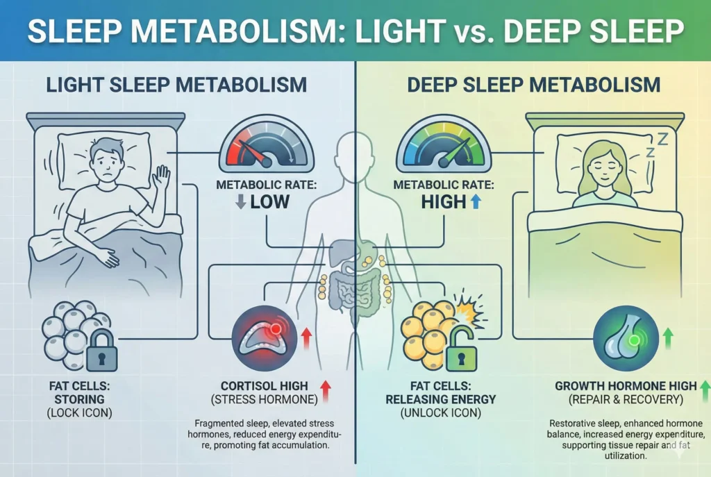 comparison showing metabolic rate during deep sleep versus light sleep overnight